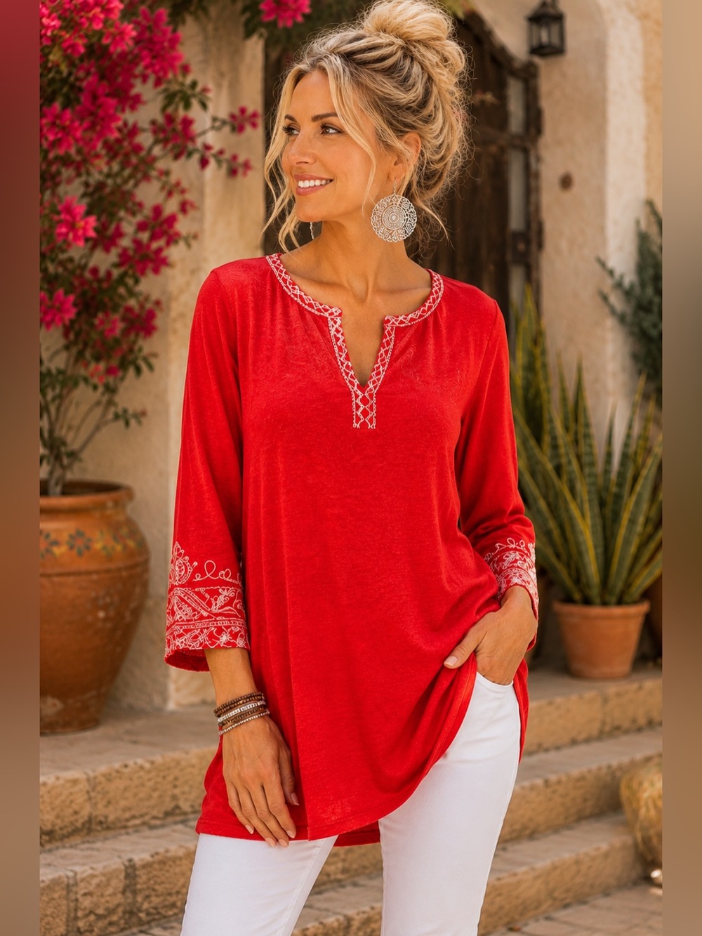 Talbots Embroidered Red Orange Boho Tunic Top Medium